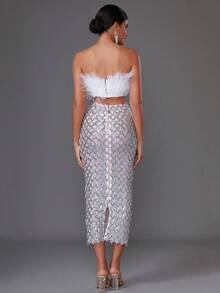 Modphy 羽毛仿真性感無肩帶鑲珠修身連身裙套裝 - 銀色 - 查看 2