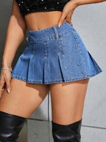 SHEIN ICON 女式牛仔褶裙,鉚釘裝飾 - 淺色水洗藍 - 查看 3