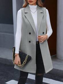 SHEIN Privé Women's Lapel Collar Double Breasted Vest Jacket - Grey - View 7