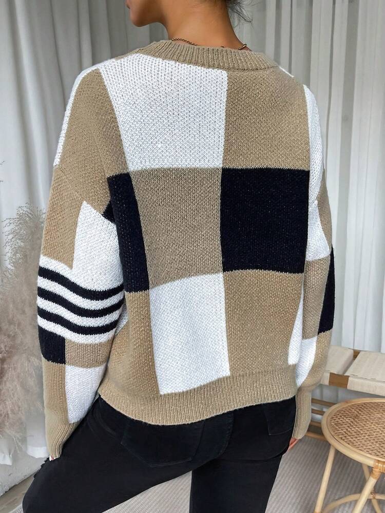 Color Block Drop Shoulder Knit Pullover Fall Winter Sweater