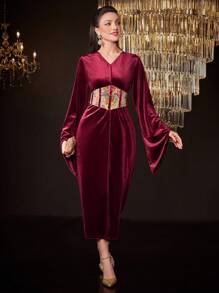 Modelyn Burgundy Red Velvet Long Bell Sleeve Midi Dress - Burgundy - View 1