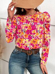 SHEIN VCAY Floral Print Gigot Sleeve Blouse - Multicolor - View 2