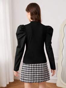 女孩直立式立領短袖、羊肚袖及大流行的工字呢短裙二件套裝 - 黑與白 - 查看 2
