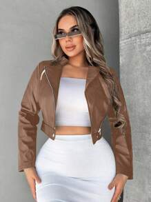 SHEIN SXY Women's Zipper Short Moto Jacket - Khaki - View 5