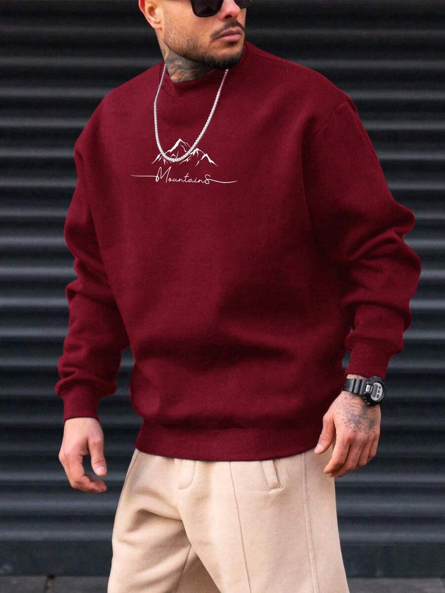 GENTILAND Men Plus Letter Graphic Sweatshirt - Burgundy - View 1