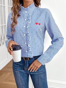 SHEIN Frenchy Women's Striped Heart Print Embroidered Frill Trim Shirt - Multicolor - View 3