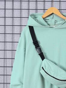 SHEIN 青少年男孩休閒舒適連帽純色運動衫+褲子+郵差包套裝 - 綠色 - 查看 3