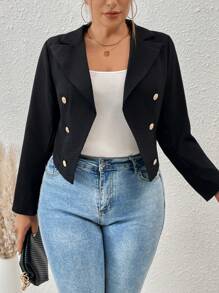 SHEIN Franclia 大碼雙排釦西裝外套 - 黑色 - 查看 3