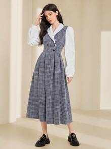 Mulvari 女裝格紋斗篷領拼色雙排扣連身裙 - 藍色 - 查看 1