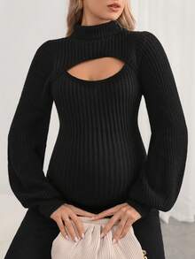 SHEIN Thai sản Cắt ra Tay áo lồng đèn Áo len - màu đen - Xem 4