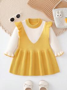 Baby Girl Two Tone Ruffle Trim Flounce Sleeve Sweater Dress - Yellow - View 1