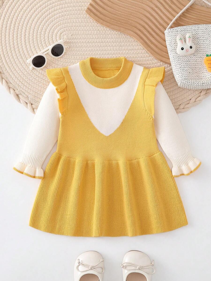 Baby Girl Two Tone Ruffle Trim Flounce Sleeve Sweater Dress - Yellow - View 1