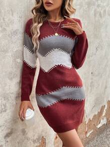 SHEIN LUNE Của phụ nữ Zigzag Pattern Áo len dệt kim Đầm - Đỏ - Xem 1