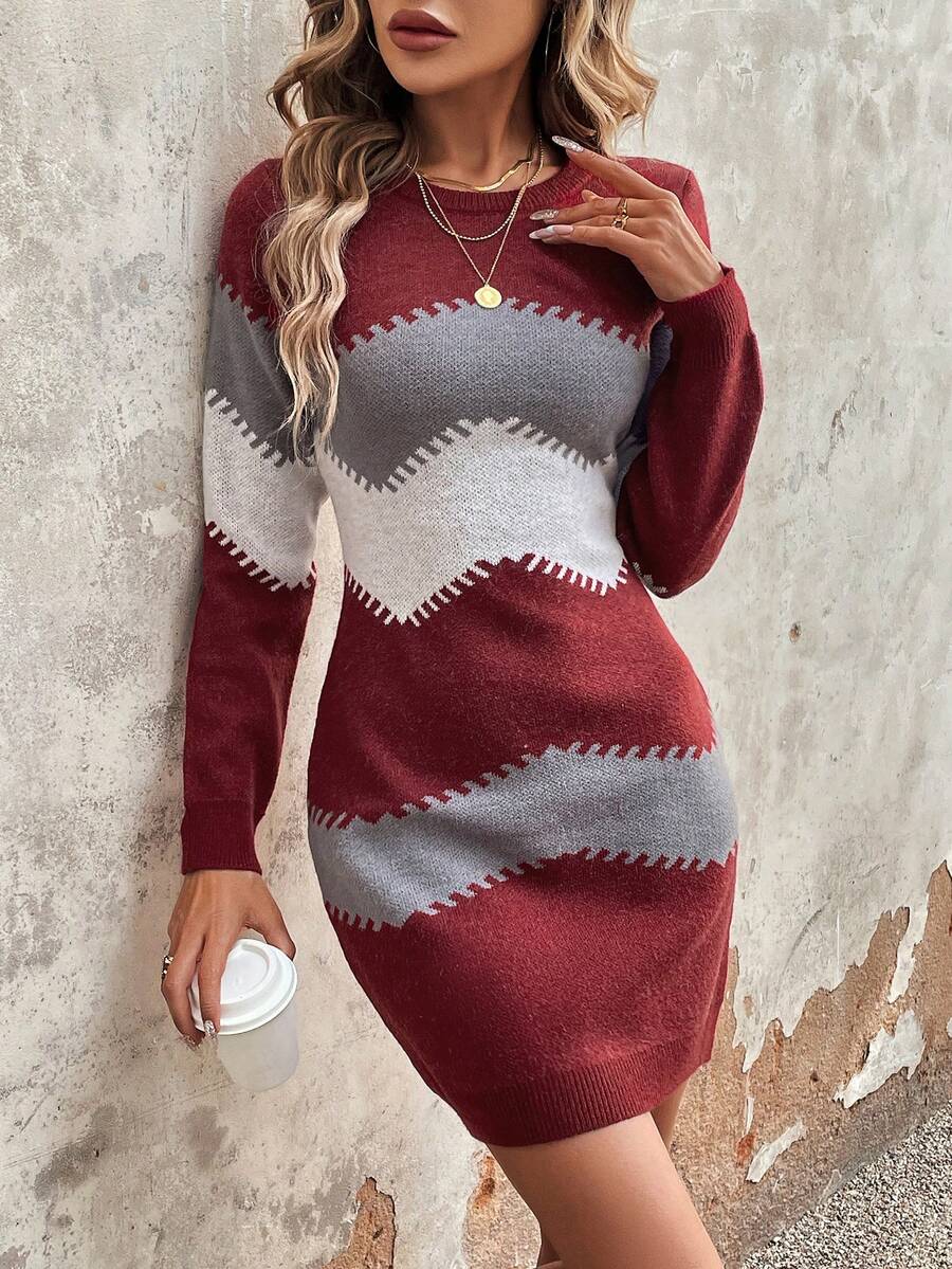 SHEIN LUNE Của phụ nữ Zigzag Pattern Áo len dệt kim Đầm - Đỏ - Xem 1