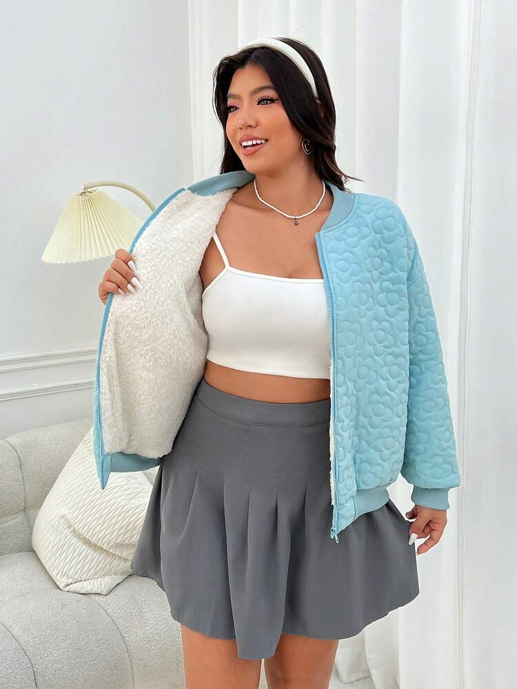 Plus Size Blue Print Zipper Front Stylish Padded Coat