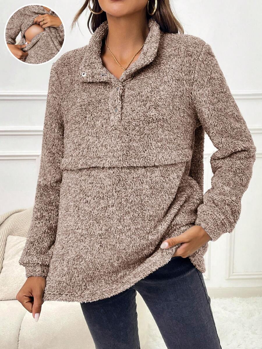 SHEIN Maternity Half Button Placket Teddy Nursing Sweatshirt - Khaki - View 1