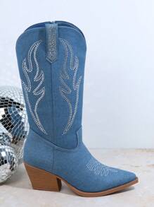 SHUZIA Embroidered Side Zipper Western Boots, Cowboy Boots For Women - Blue - View 4