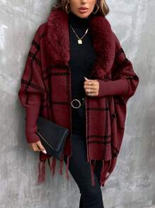 SHEIN Clasi Ladies' Casual Checkered Cardigan With Fur Collar - Burgundy - View 1