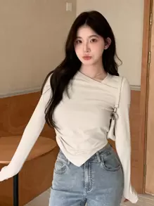 Dazy Star 纯色不对称领口长袖女式上衣