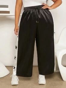 SHEIN CURVE+ 大碼腰部抽繩闊腿褲 - 黑色 - 查看 3