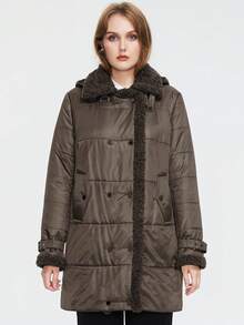 Astrid Plus Size Double Breasted Contrast Teddy Collar Padded Coat - Camel - View 5