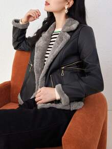 Teddy Lined Zip Detail PU Leather Jacket - Black - View 1