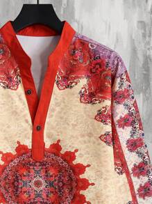 Manfinity Homme 男士宽松花卉印花短袖纽扣图案彩色度假衬衫，休闲男友礼物