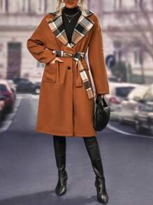 SHEIN LUNE Women's Plaid Belted Woolen Jacket - Mocha Brown - View 4