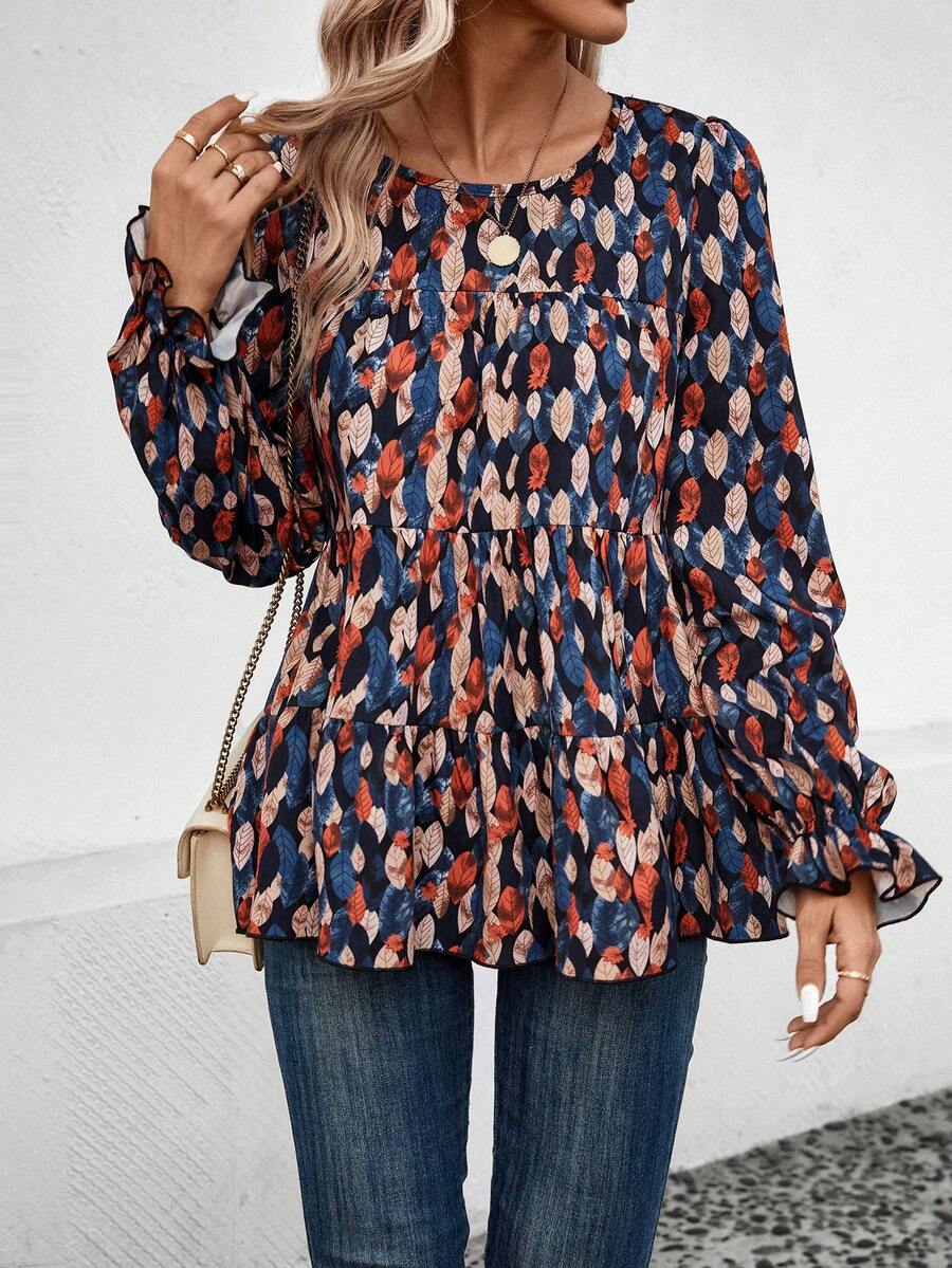 SHEIN LUNE Camisa De Muñeca De Manga Con Volantes Y Estampado Integral De Hojas Para Damas - Multicolor - Ver 1