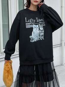 FRIFUL Của phụ nữ Mô hình hoạt hình mèo Thả vai Áo nỉ - màu đen - Xem 3