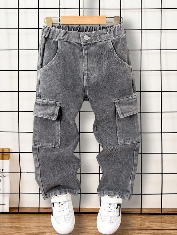 SHEIN Jeans De Carga Casuales Con Pierna Recta Para Niños Jóvenes