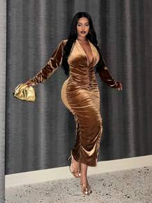 Slaydiva Vestido ajustado fruncido de escote pronunciado talla grande, para invierno - Caqui - Ver 3