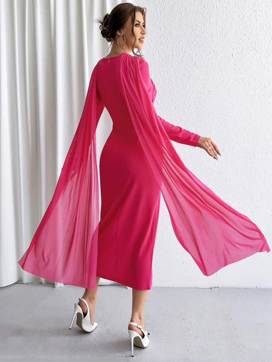 SHEIN Privé 網紗拼接下擺開叉緊身洋裝 - 玫紅色 - 查看 1