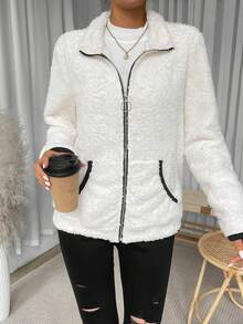 SHEIN Unity Abrigo Mullido De Mujer Con Detalles De Contraste - Albaricoque - Ver 3