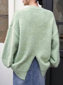 FRIFUL 女式后开衩落肩毛绒针织毛衣，秋季女装 - 綠色 - 查看 1