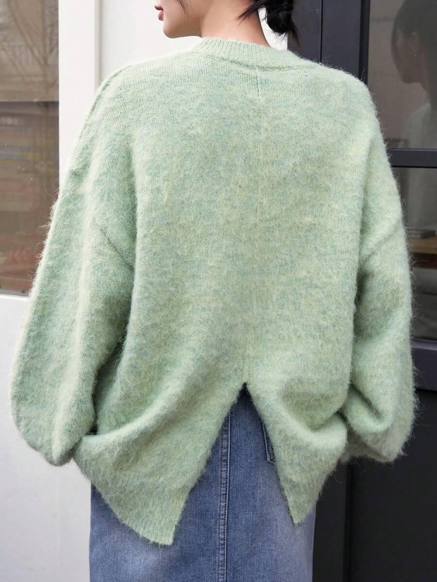 FRIFUL 女式后开衩落肩毛绒针织毛衣，秋季女装 - 綠色 - 查看 1