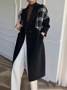 Calvaya Manteau En Laine À Carreaux Pour Femmes Avec Col Haut Et Patchwork
