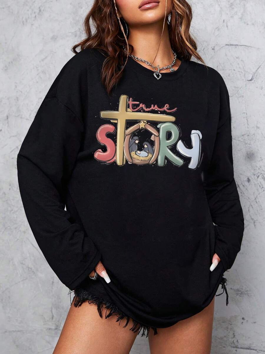 女性卡通字母印花長袖t恤 - 黑色 - 查看 1