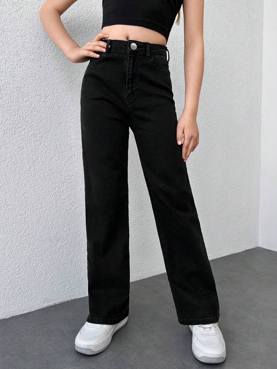 RueChic Black Regular Waist (Mid-Rise) Straight Leg Jeans With Pockets For Teen Girls - Black - View 1