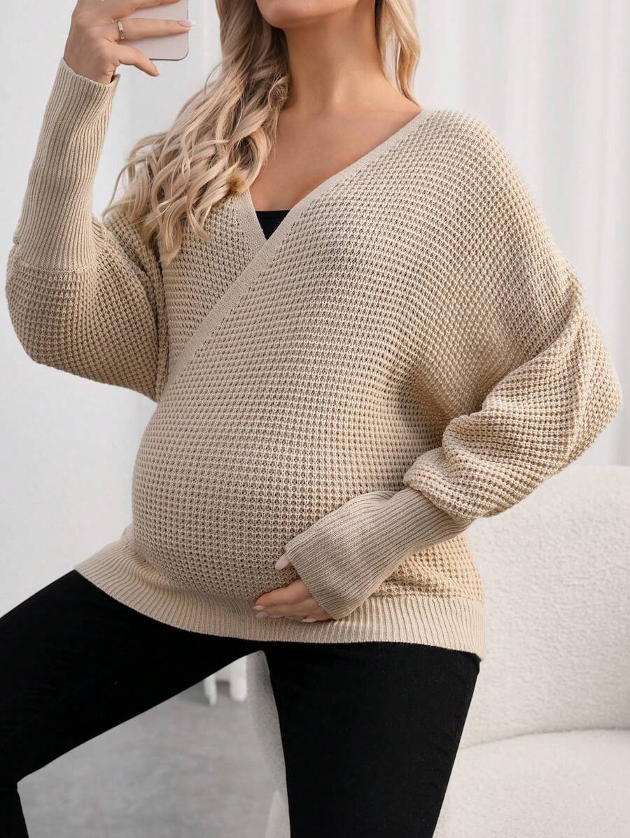 SHEIN 孕妇纯色 V 领裹身毛衣，适合冬季 - 杏色 - 查看 1