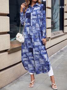 SHEIN LUNE 色塊拼接圖案前紐扣襯衫洋裝 - 藍色 - 查看 6
