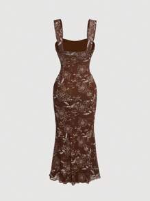 SHEIN MOD 印花木耳邊吊帶洋裝 - 棕色 - 查看 2