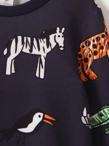 SHEIN 男孩卡通動物印花圓領長袖運動衫和寬鬆長褲套裝,舒適休閒秋季穿著 - 彩色 - 查看 5