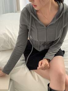 DAZY 拉鍊式抽繩連帽短版運動衫 - 深灰色 - 查看 6