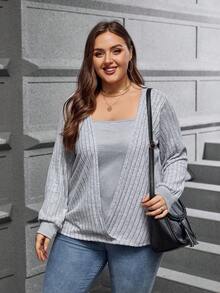 SHEIN LUNE 大碼素色條紋針織T恤 - 灰色 - 查看 2