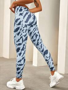 運動風格全印花高腰訓練瑜伽健身彈性緊身褲 - 藍色 - 查看 2