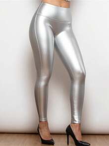 Thường xuyên V Hình dạng Màu bạc Cao eo Da Xà cạp - Bạc - Xem 4