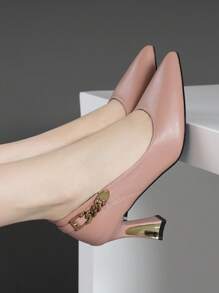 女士经典圆头搭扣纯色舒适百搭高跟鞋，适合所有季节，优雅 - 淺粉色 - 查看 2