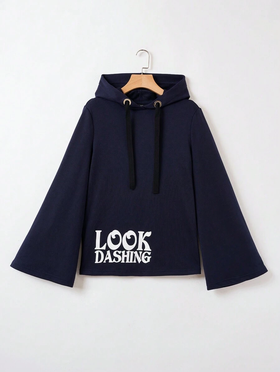 Seusyu Letter Graphic Drawstring Hooded Tee - Navy Blue - View 1