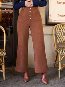 SHEIN Frenchy Nút Và Nghiêng Túi Vải to sợi Quần ống rộng - màu nâu - Xem 6